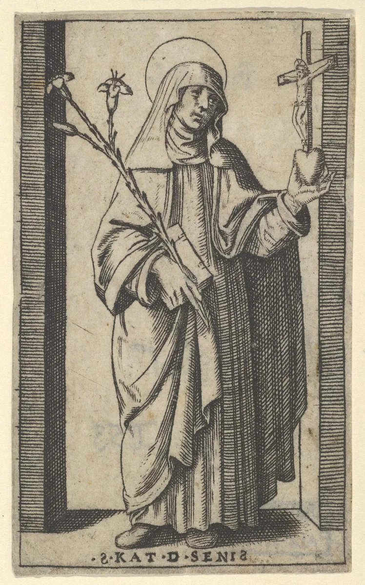 Saint Catherine of Siena standing holding flowers and book in her right hand, a heart and crucifix in her left, from "Piccoli Santi" (Small Saints) by Marcantonio Raimondi, print, 1495-1532