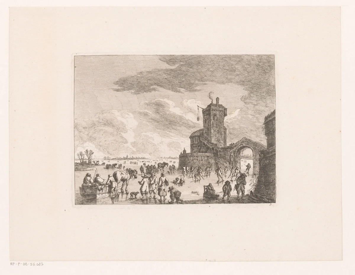 Figuren op de bevroren rivier de Seine by Franz Edmund Weirotter, print, 1761-1762
