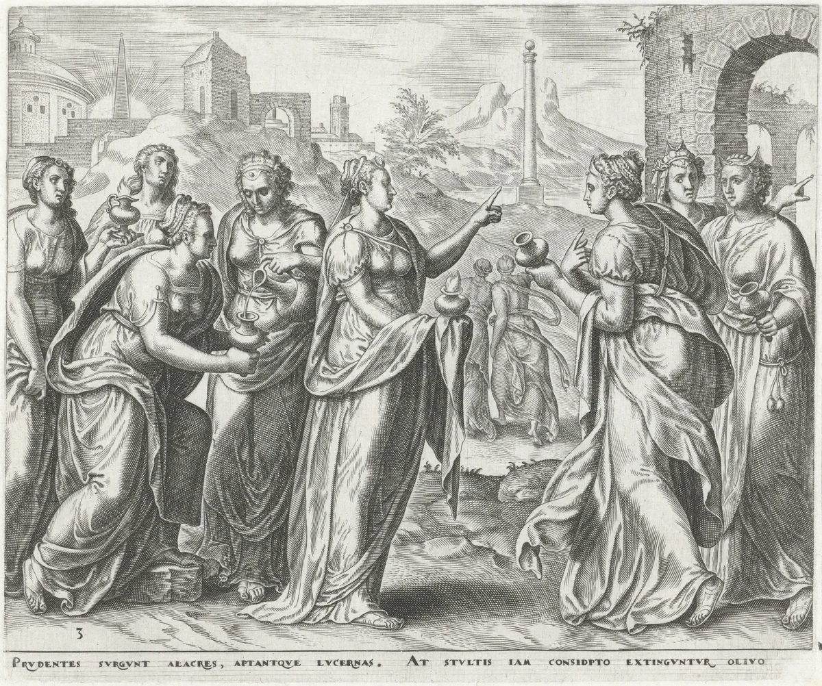 Dwaze maagden vragen de wijze maagden om olie by Harmen Jansz Muller, print, 1565-1572