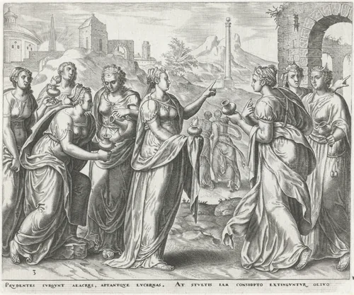 Dwaze maagden vragen de wijze maagden om olie by Harmen Jansz Muller, print, 1565-1572