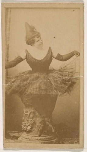 Seated dancer holding skirt, from the Actresses series (N245) issued by Kinney Brothers to promote Sweet Caporal Cigarettes by Kinney Brothers Tobacco Company, photograph, 1890
