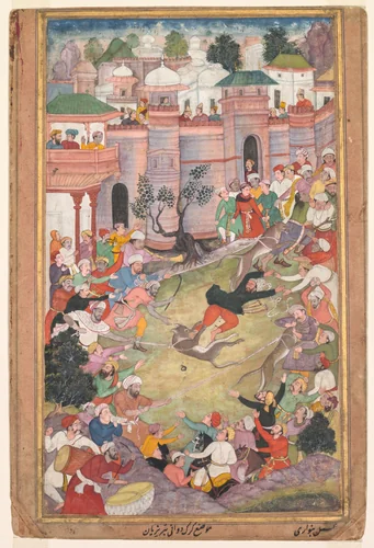 The game of wolf-running in Tabriz, from an Akbar-nama (Book of Akbar) by Banavari, painting, 1595-1600