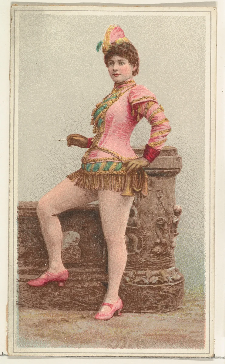 Actress wearing pink costume with brass horn on hip, from Stars of the Stage, Second Series (N130) issued by Duke Sons & Co. to promote Honest Long Cut Tobacco by W. Duke, Sons & Co., print, 1891