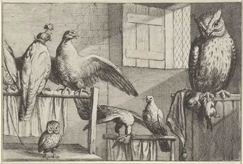 Valken en uilen in een schuur by Wenceslaus Hollar, print, 1654-1662