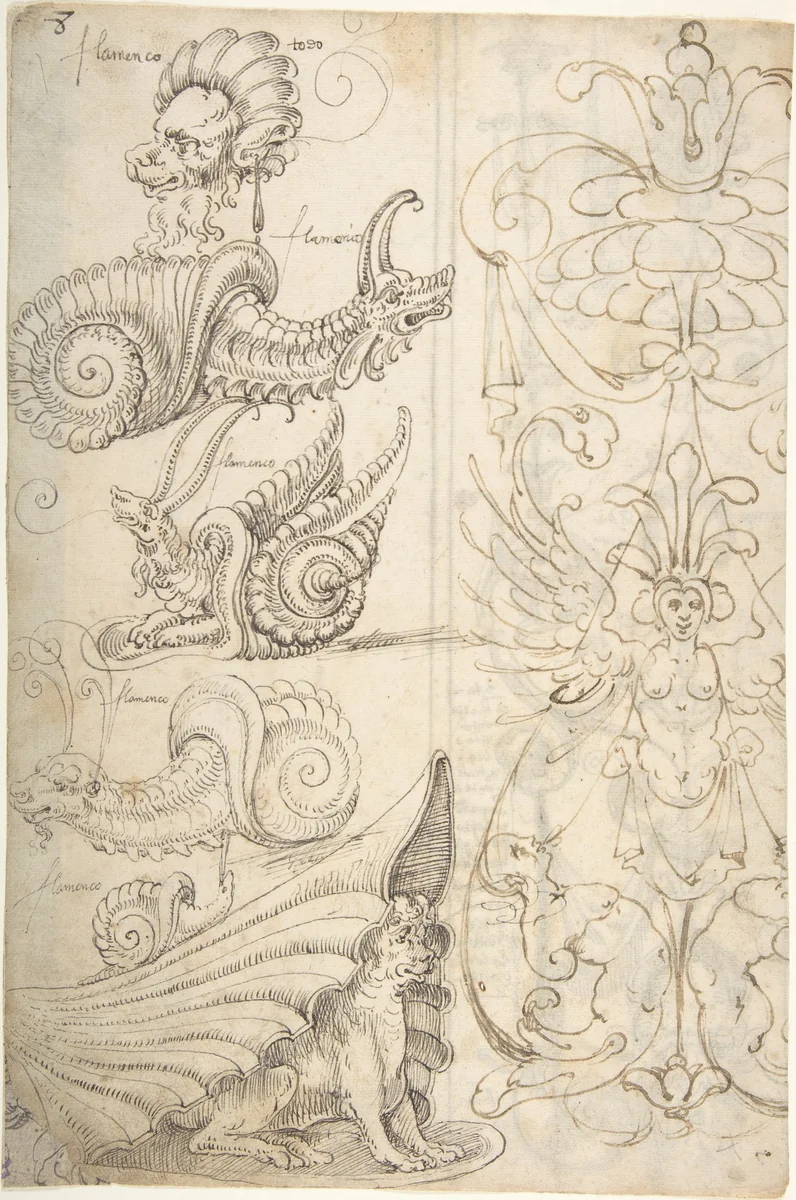 Flemish Grotesque Creatures and a Candelabra Grotesque (recto); Candelabra Grotesques with Mask (verso) by Andrés de Melgar, drawing, 1500-1599
