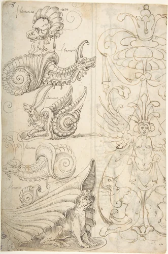 Flemish Grotesque Creatures and a Candelabra Grotesque (recto); Candelabra Grotesques with Mask (verso) by Andrés de Melgar, drawing, 1500-1599