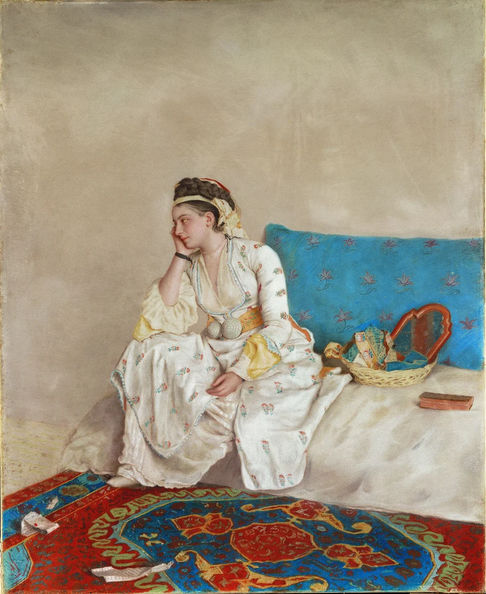 Woman in Turkish Dress, Seated on a Sofa by Jean-Etienne Liotard, drawing, 1751-1752