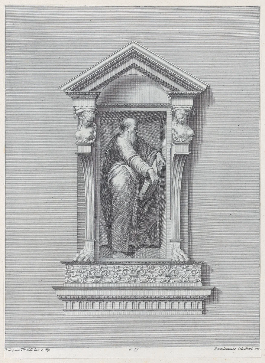 A standing man in a niche holding an open book by Bartolomeo Crivellari, print, 1756