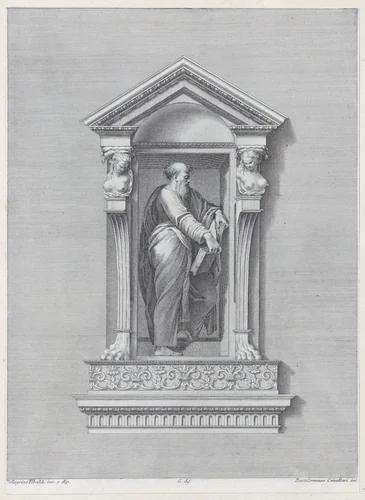 A standing man in a niche holding an open book by Bartolomeo Crivellari, print, 1756