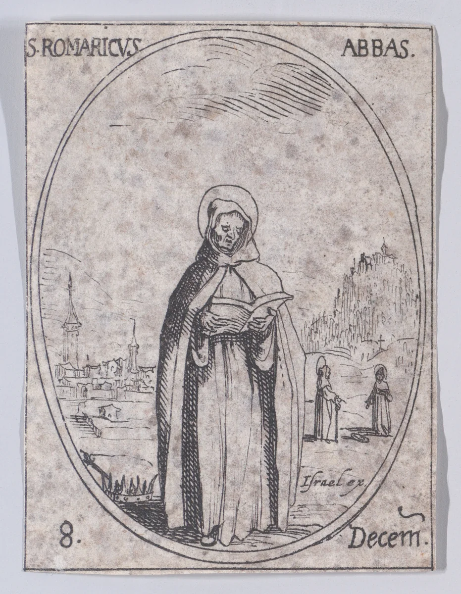 S. Romaric, abbé (St. Romaric, Abbot), December 8th, from "Les Images De Tous Les Saincts et Saintes de L'Année" (Images of All of the Saints and Religious Events of the Year) by Jacques Callot, print, 1636