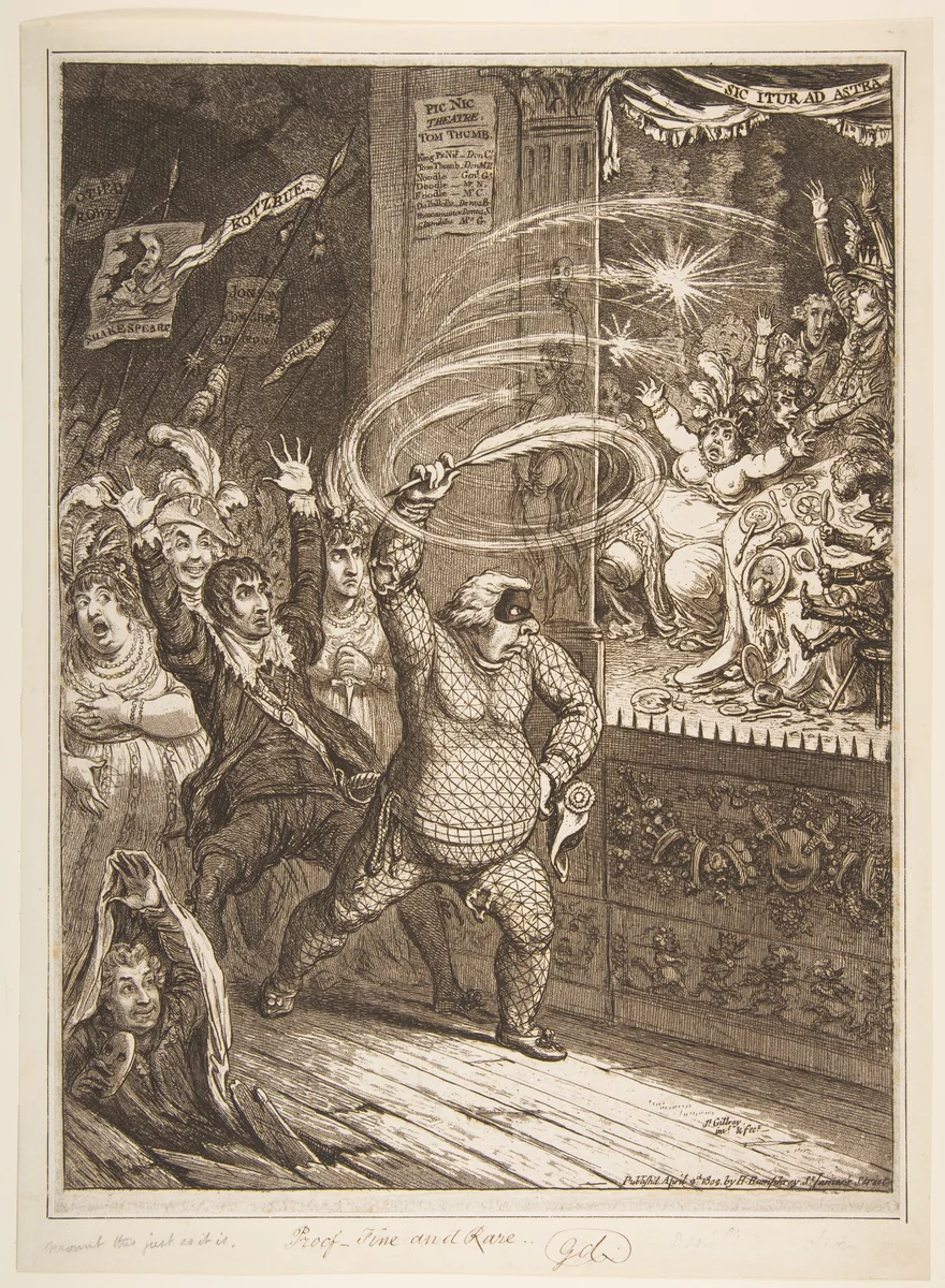 Blowing-up the Pic-Nic's;–or–Harlequin Quixote Attacking the Puppets, vide Tottenham Street Pantomime by James Gillray, print, 1802