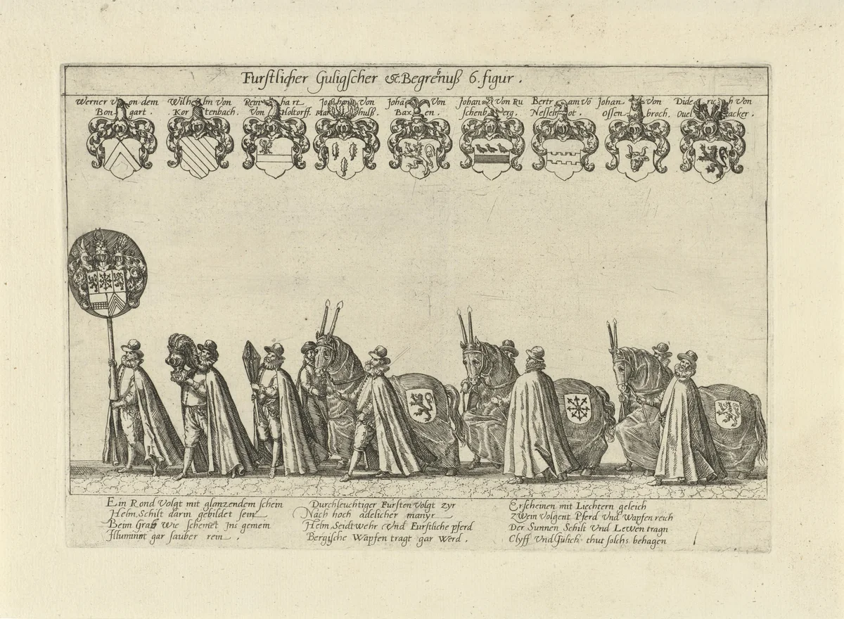 Begrafenisstoet met rouwpaarden en dragers van helm en schild by Unknown, print, 1592