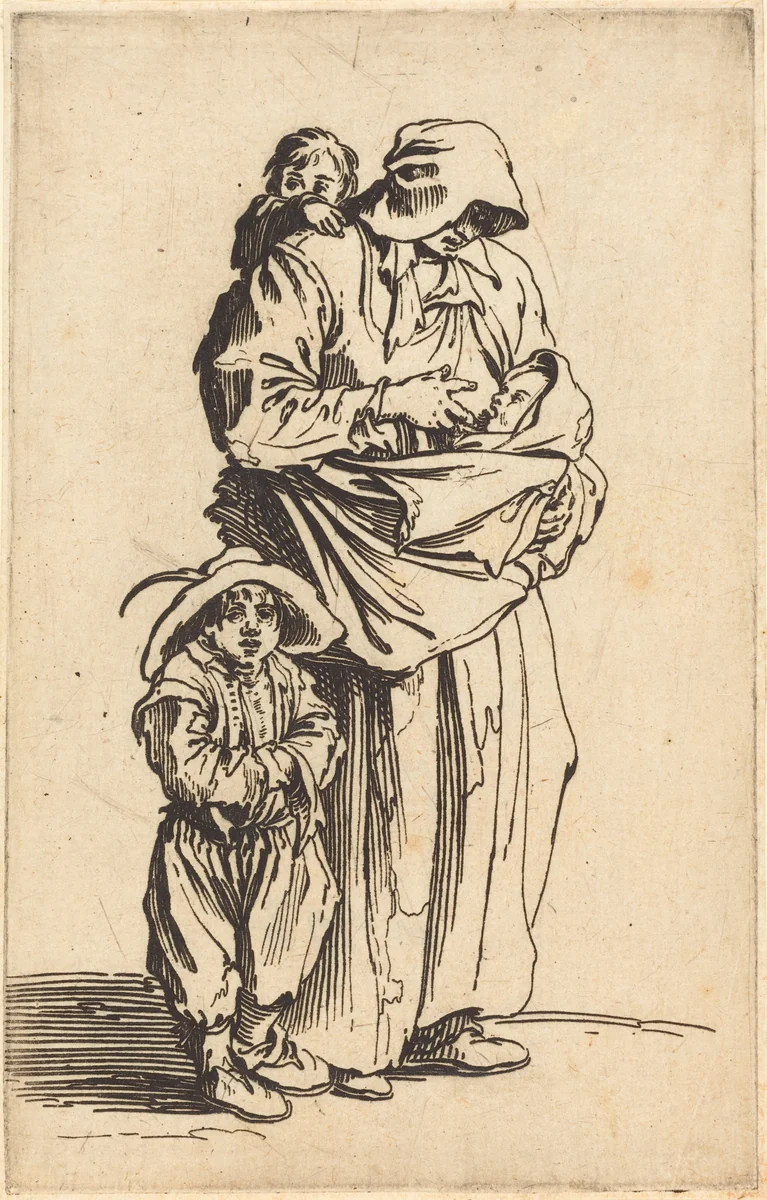 Mother and Three Children by Jacques Callot, print, 1622