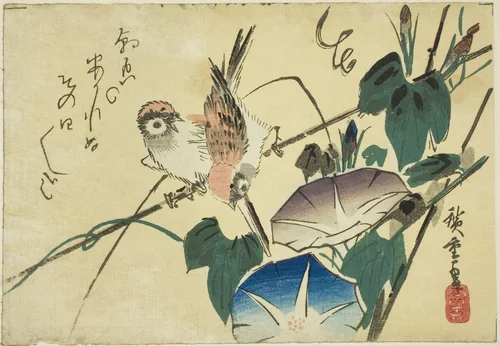 Sparrows and morning glories by Utagawa Hiroshige (歌川広重), print, 1830-1839