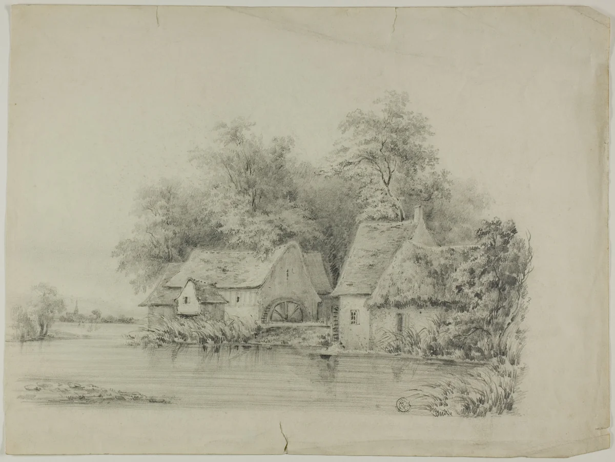 Watermill and Cottage with Thatched Roofs by Unknown Artist, drawing, 1800-1899