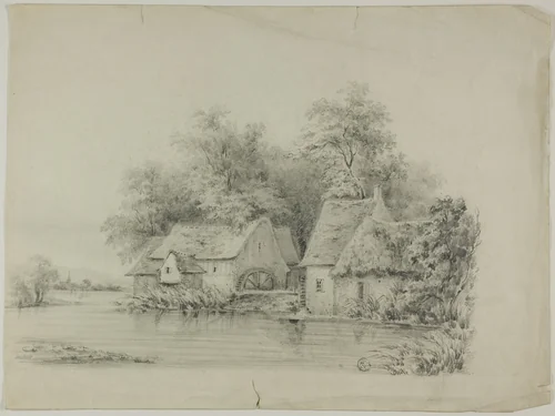 Watermill and Cottage with Thatched Roofs by Unknown Artist, drawing, 1800-1899