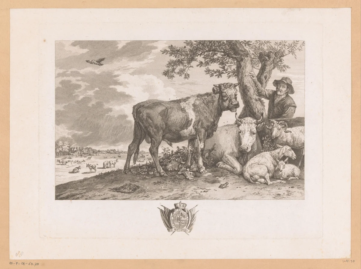 Stier met boer en kudde in een landschap by Louis Joseph Masquelier, print, 1773