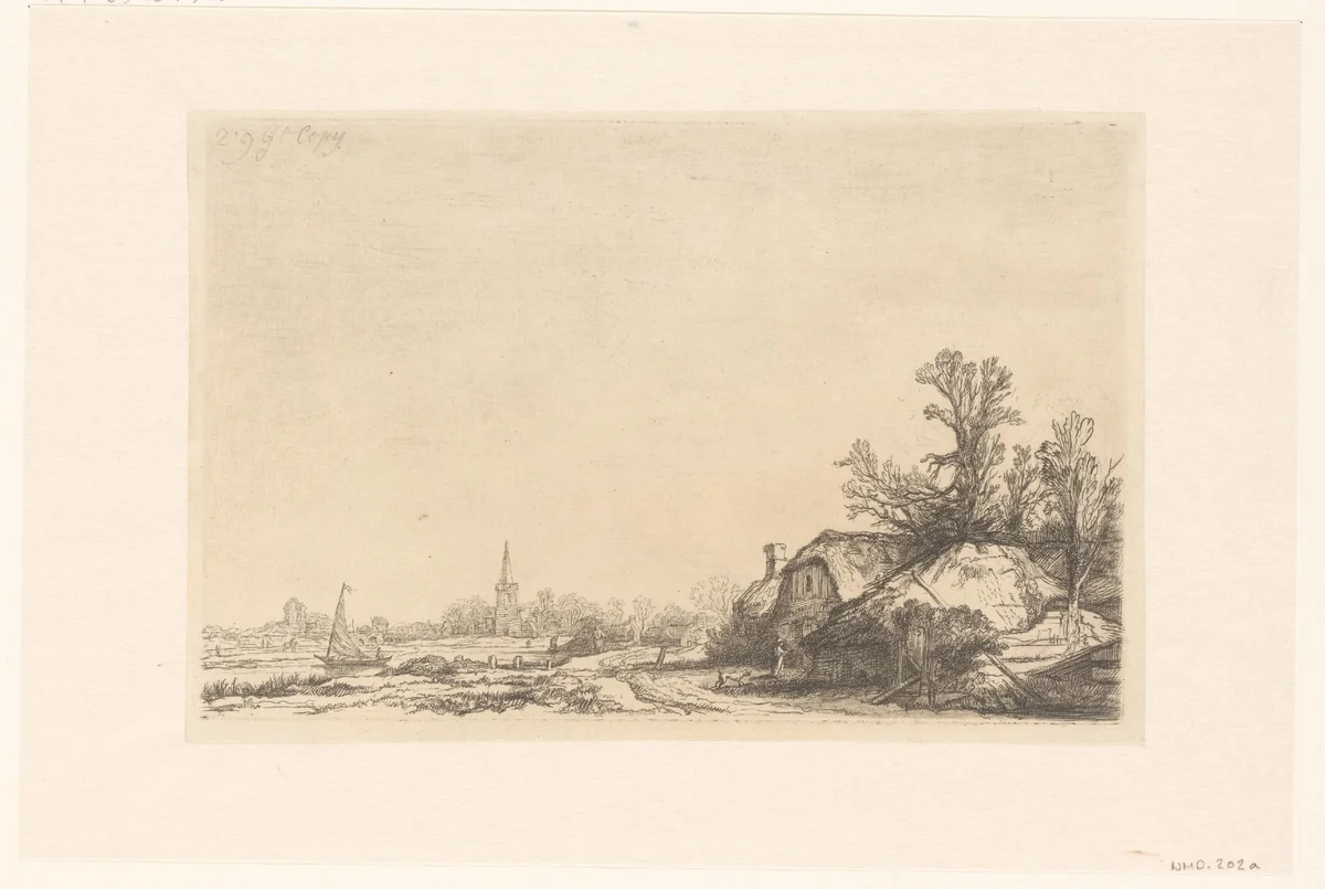 Cottage beside a canal with a view of Ouderkerk by François Vivares, print, 1719-1780