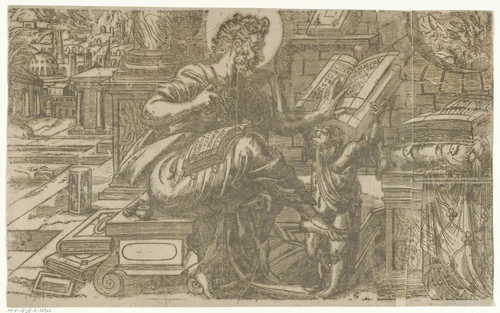 Matteüs de evangelist schrijft zijn evangelie by Antoni van Leest, print, 1572-1575