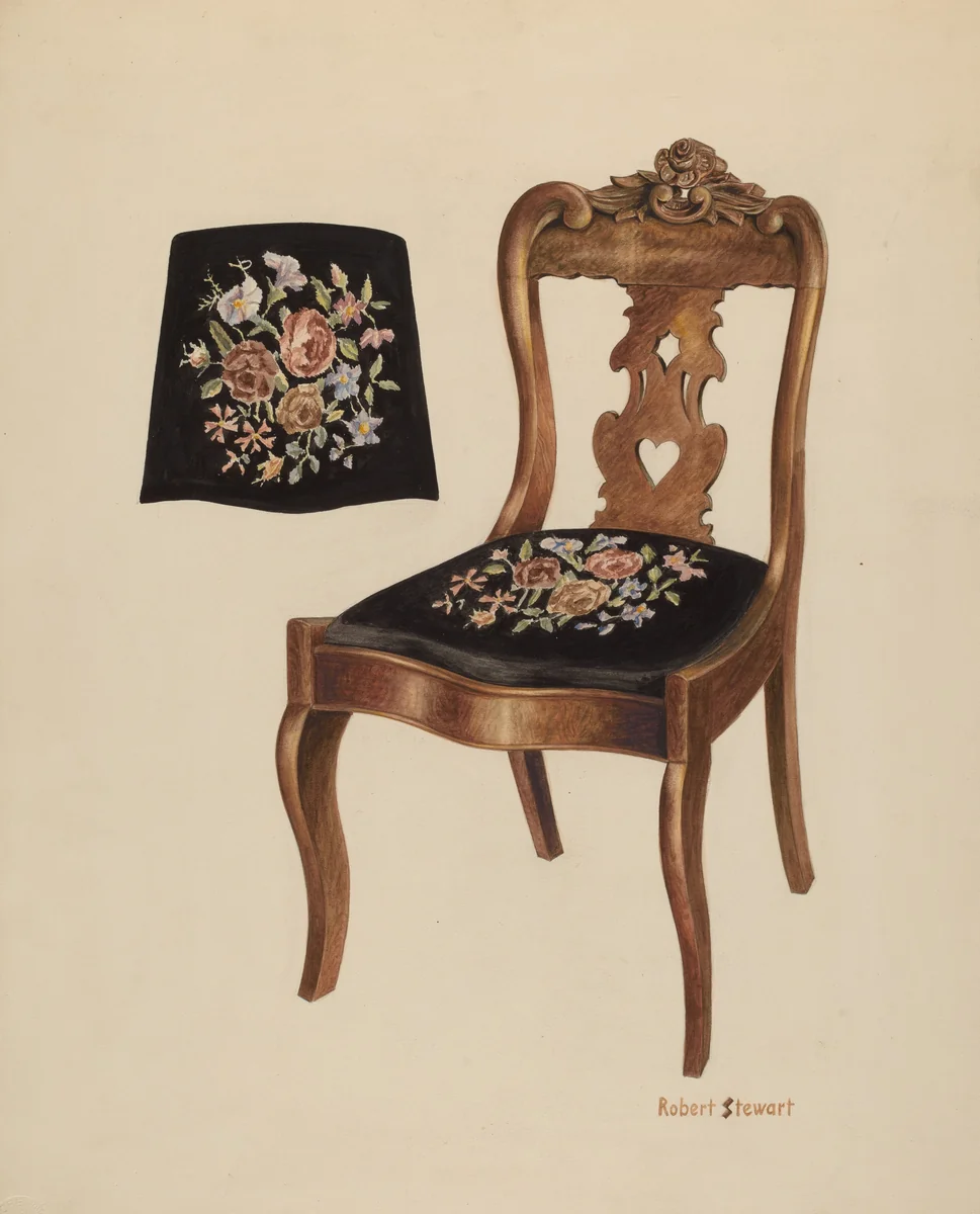 Walnut Carved Back Chair by Robert Stewart, index of american design, 1940