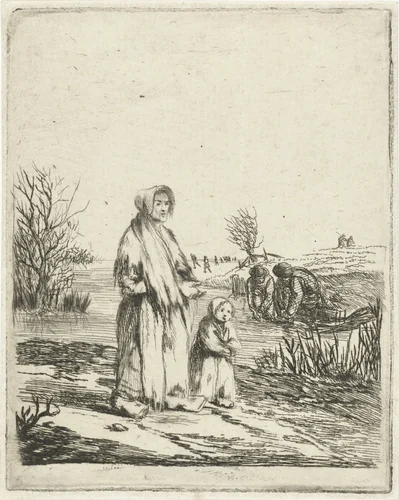 Bedelaarster met kind bij een sloot by Louis Bernard Coclers, print, 1756-1817