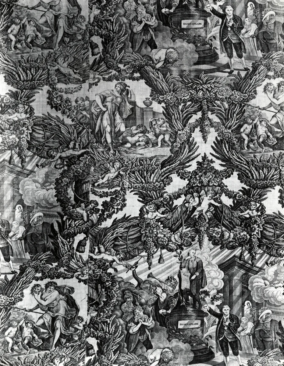 Garrick and Shakespeare with Tragedy and Comedy (Furnishing Fabric) by Robert Edge Pine
Caroline Watson, textile, 1782-1790