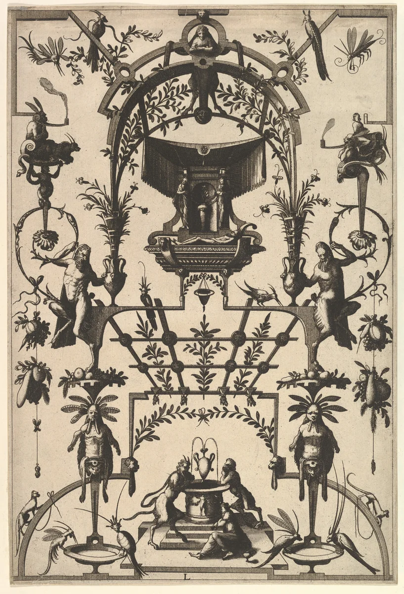Surface Decoration, Grotesque with Strapwork and Pergolas, Burial Scene above center from Veelderleij Veranderinghe van grotissen ende Compertimenten...Libro Primo by Johannes van Doetecum, book, 1556