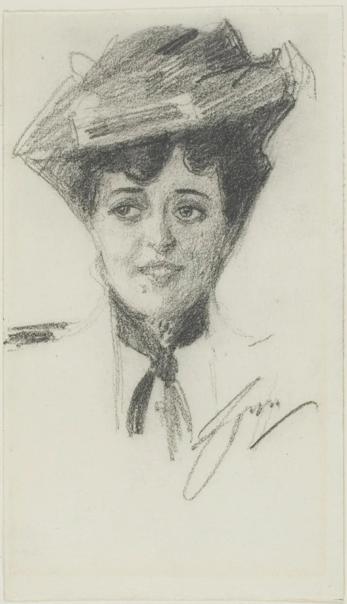 Head of a Young Woman Wearing a Hat by Anders Zorn, drawing, 1880-1920