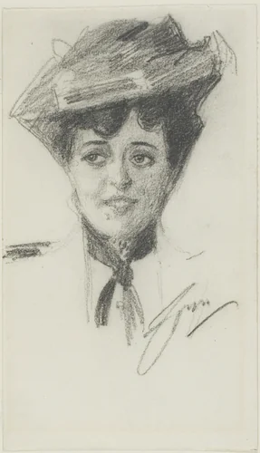 Head of a Young Woman Wearing a Hat by Anders Zorn, drawing, 1880-1920