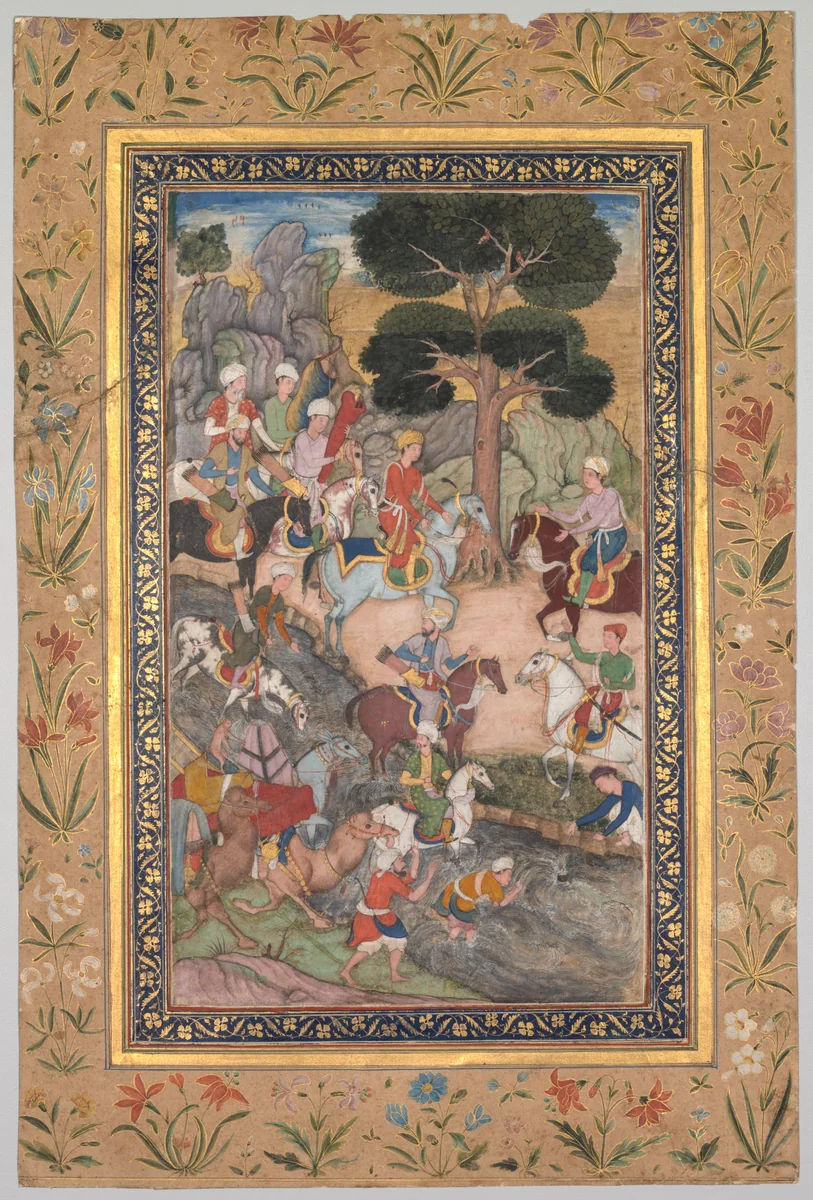 Babur meeting with Sultan Ali Mirza at the Kohik River, from a Babur-nama (Memoirs of Babur) by Unknown, painting, 1585-1595