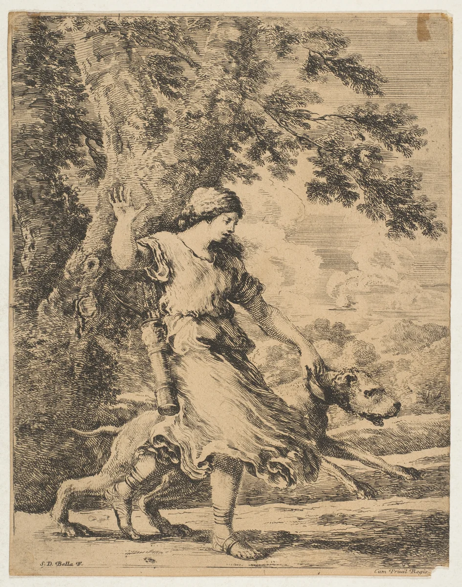 A Nymph Holding a Large Dog by its Collar by Stefano della Bella, print, 1649-1659