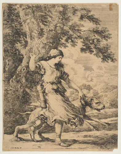 A Nymph Holding a Large Dog by its Collar by Stefano della Bella, print, 1649-1659