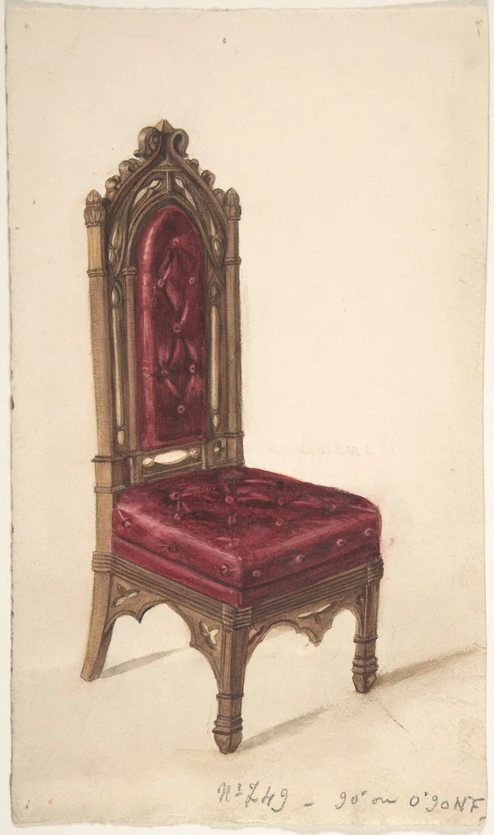 Gothic Style Chair with Dark Wood Frame and Maroon Upholstery by anonymous, drawing, 1800-1899
