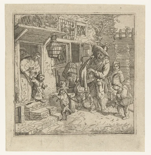 De lierspeler met het dansende hondje by anonymous, print, 1685-1800