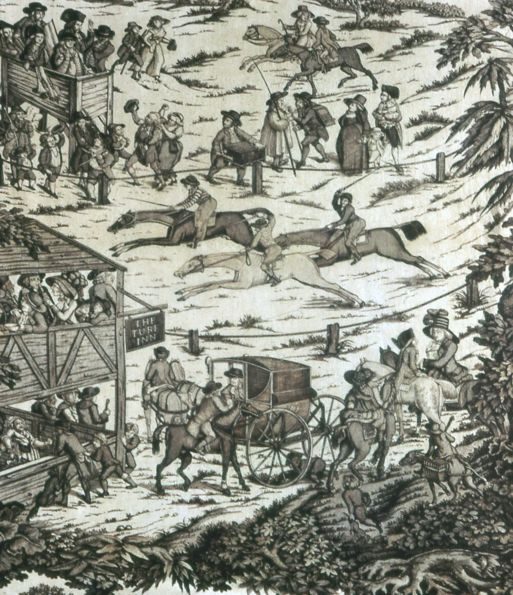 Horseracing at the Turf Inn (Furnishing Fabric) by John Nost Sartorius, textile, 1780-1792