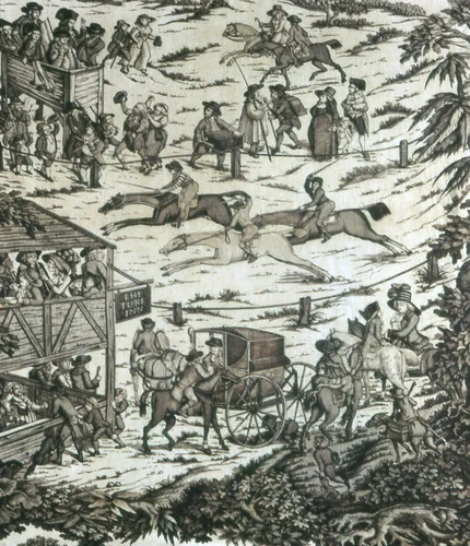 Horseracing at the Turf Inn (Furnishing Fabric) by John Nost Sartorius, textile, 1780-1792