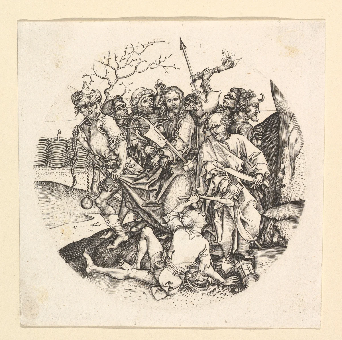 The Betrayal of Christ (reverse copy in roundel) by Martin Schongauer, print, 1490-1525