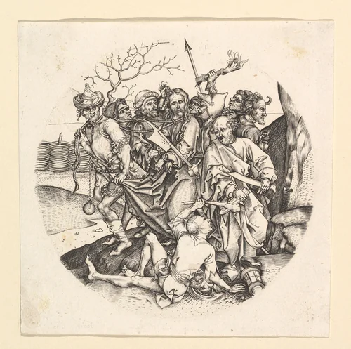 The Betrayal of Christ (reverse copy in roundel) by Martin Schongauer, print, 1490-1525