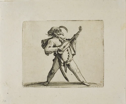 Masked Comedian Playing the Guitar, from Varie Figure Gobbi by Jacques Callot, print, 1616
