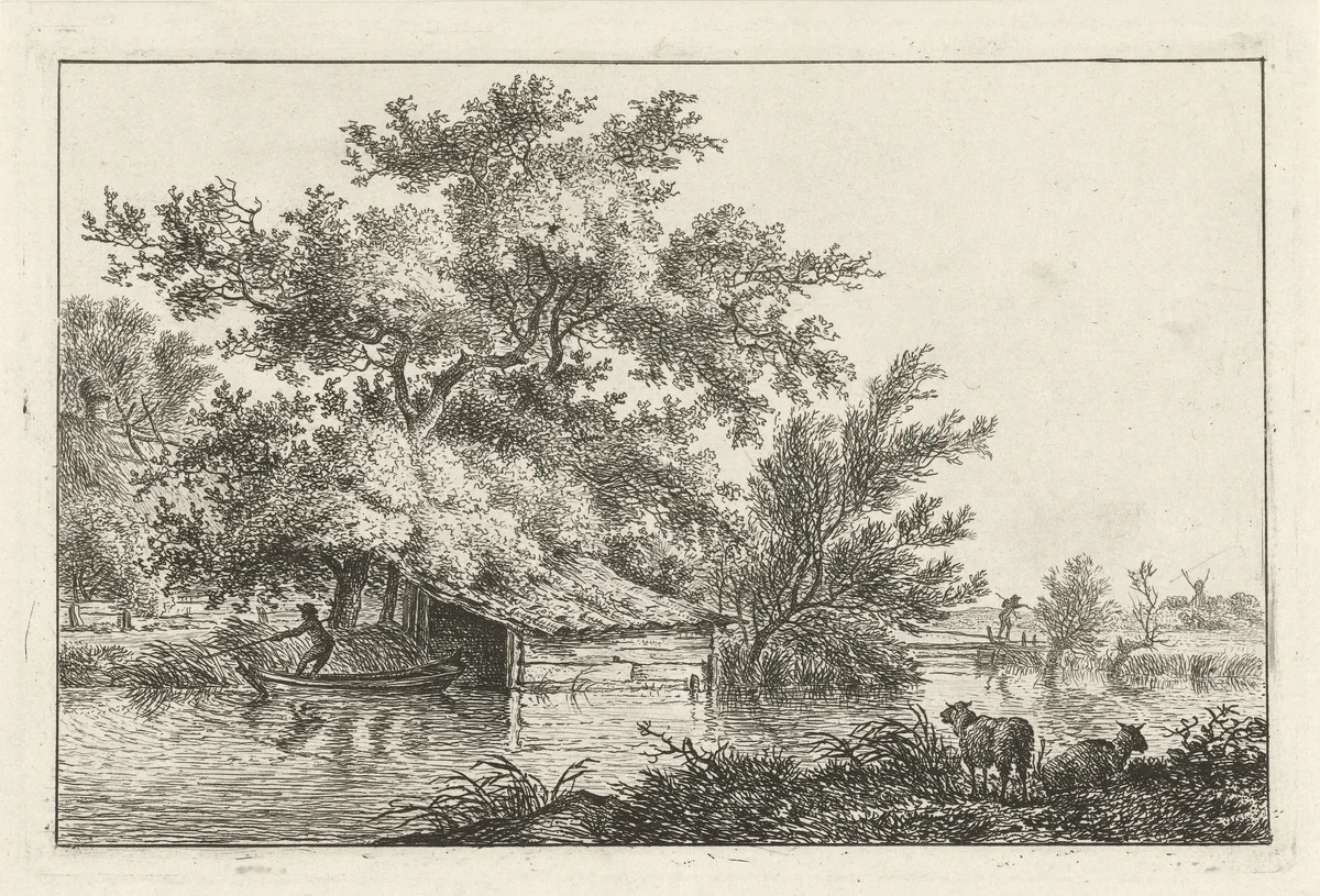 Schuitje bij boothuis by Hermanus Fock, print, 1781-1822