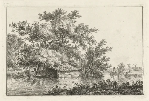 Schuitje bij boothuis by Hermanus Fock, print, 1781-1822