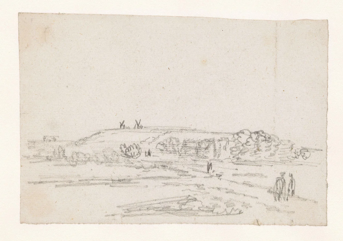 Gezicht op een heuvel, waarop twee molens by Georges Michel, drawing, 1773-1843