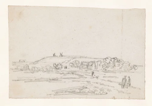 Gezicht op een heuvel, waarop twee molens by Georges Michel, drawing, 1773-1843