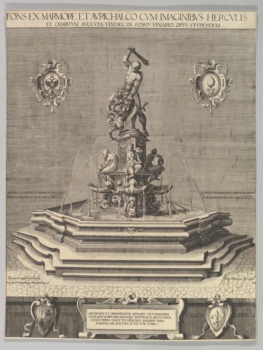 The Fountain of Hercules in Augsburg, a reduced copy after Muller's engraving by Jan Muller, print, 1602