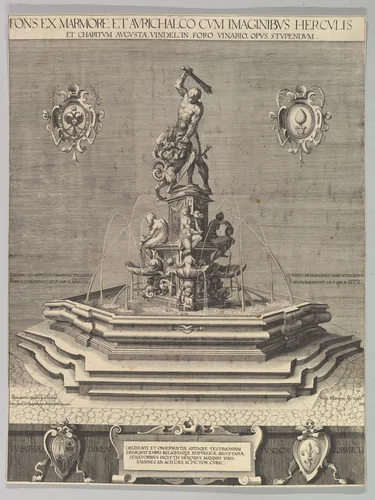 The Fountain of Hercules in Augsburg, a reduced copy after Muller's engraving by Jan Muller, print, 1602