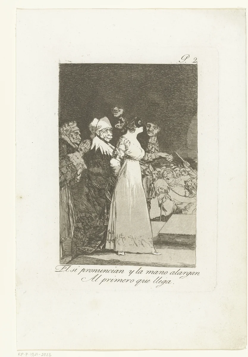 Ze zeggen ja en geven hun hand aan de eerste de beste by Francisco de Goya, print, 1797-1799