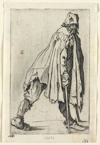 The Beggars: The Beggar on Crutches, Wearing a Cap by Jacques Callot, print, 1619-1627