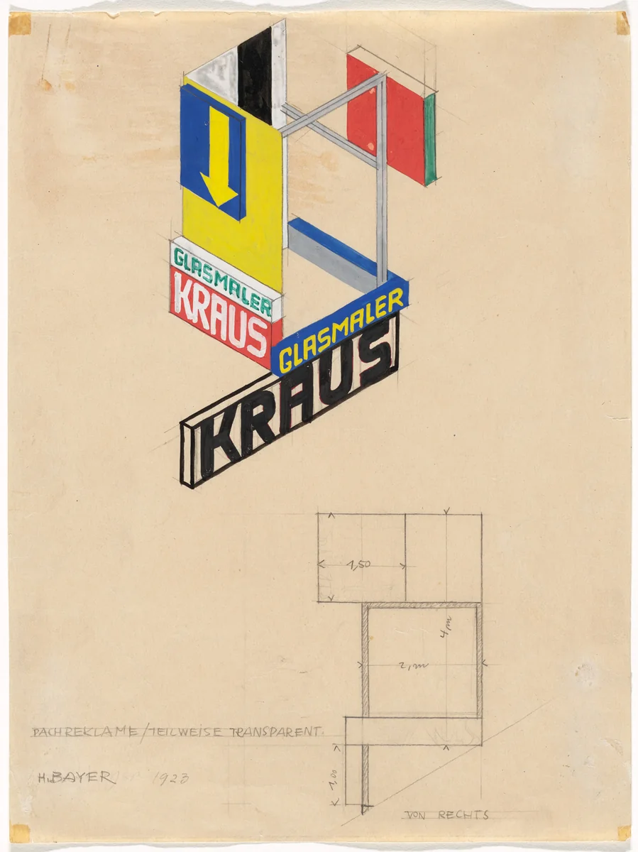 Roof Advertisement/Partially Transparent (Dachreklame/Teilweise transparent). Promotional design for glass painter Ernst Kraus by Herbert Bayer, drawing, 1923