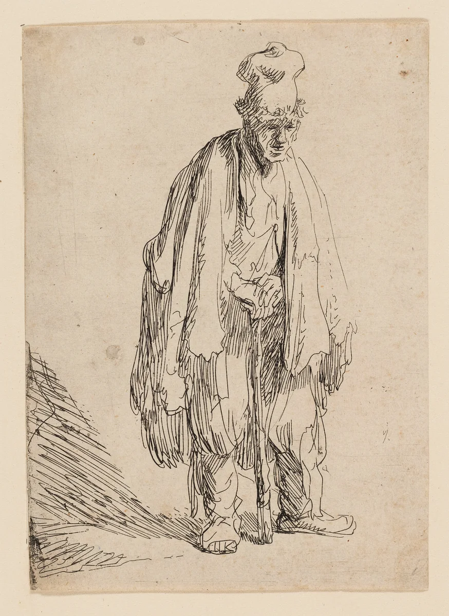 Beggar in a High Cap, Standing and Leaning on a Stick by Rembrandt van Rijn, print, 1624-1634