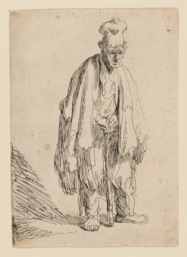Beggar in a High Cap, Standing and Leaning on a Stick by Rembrandt van Rijn, print, 1624-1634